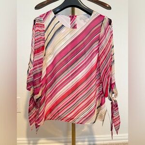 NWT Pale Sky Stripe Blouse Buttons Down Back Open Sleeve Lined Tie Cuffs Blouse